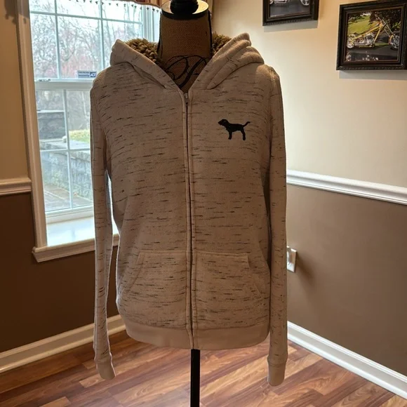 PINK Victoria’s Secret size medium faux fur lined hooded zip up sweatshirt - Picture 3 of 6